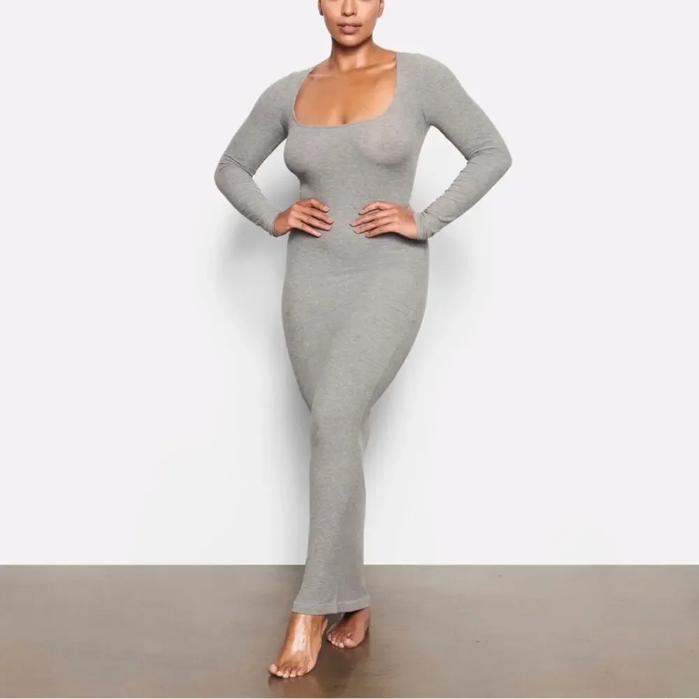 Skims Soft Lounge Long Sleeve Dress Maxi Gray Size Small